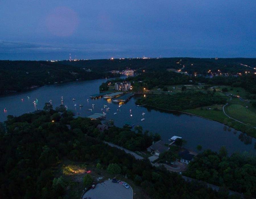 nighttime overhead view of the lake at Old Kinderhook's resort